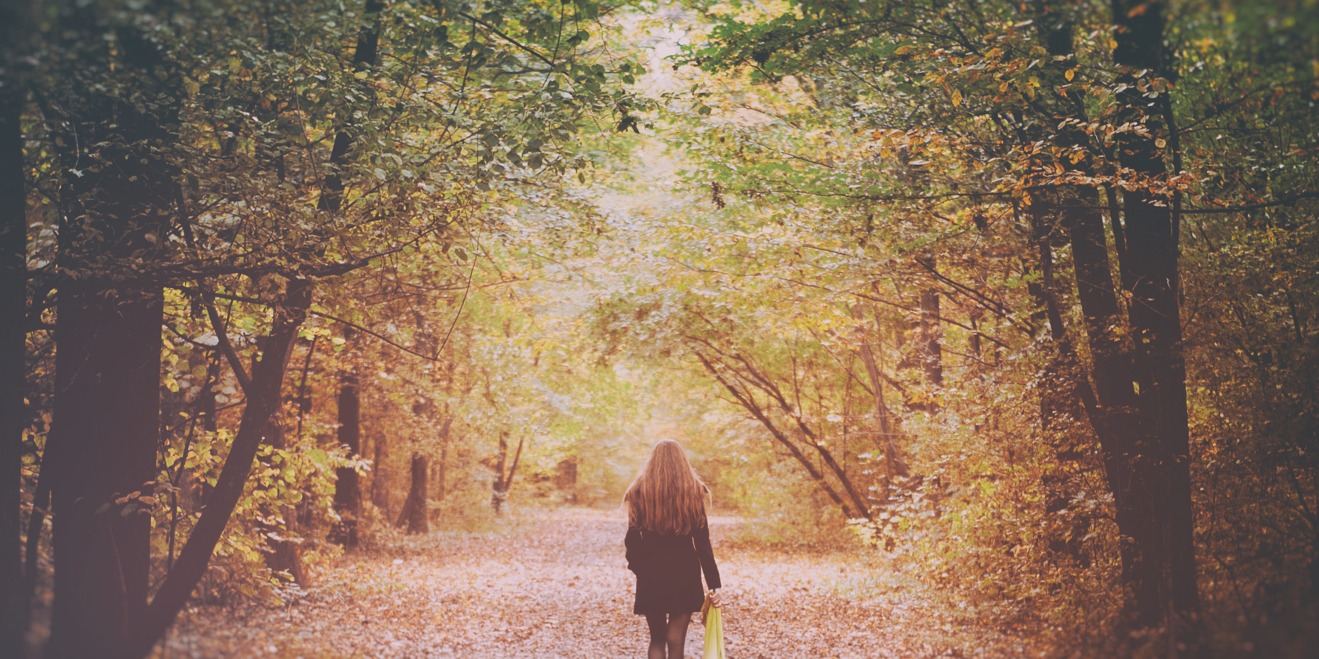 Ragazza cammina in solitaria nel bosco