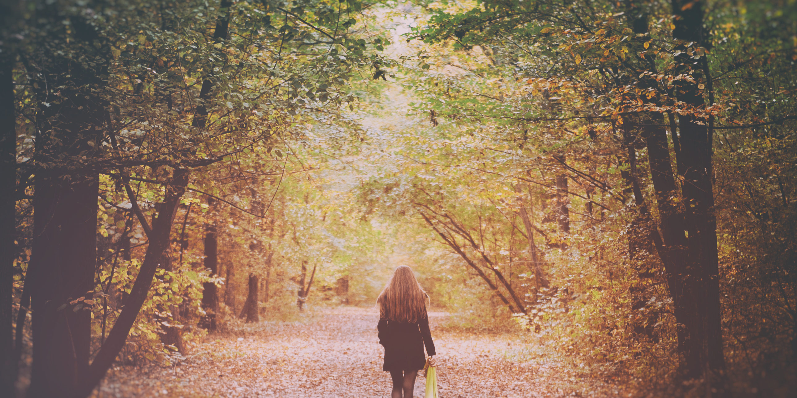 Ragazza cammina in solitaria nel bosco
