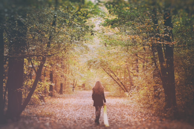 Ragazza cammina in solitaria nel bosco